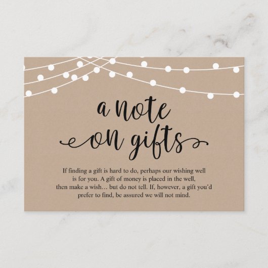A Note On Gifts Rustic Wedding Kraft String Lights Begleitkarte (Vorderseite)
