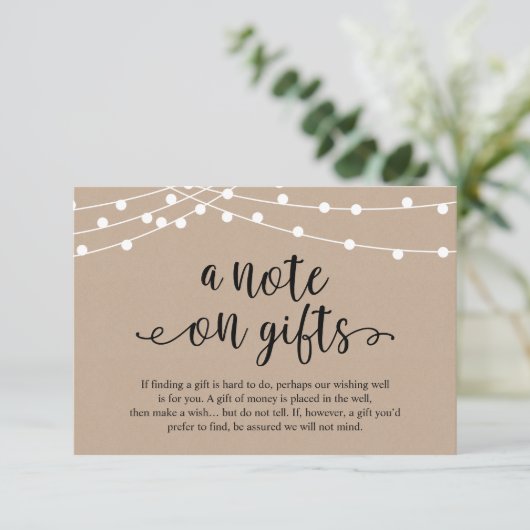A Note On Gifts Rustic Wedding Kraft String Lights Begleitkarte (Stehend Vorderseite)