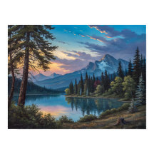 A painting of a mountain lake and trees in evening