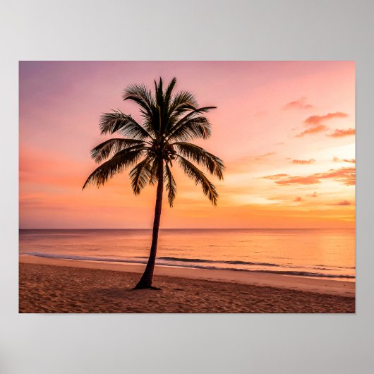 A palm tree stands alone on the beach at sunset poster (Vorne)