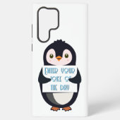 A penguin holding a sign with custom text samsung galaxy hülle (Rückseite)