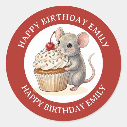A Personalized Birthday Mouse with Cupcake Runder Aufkleber (Vorderseite)