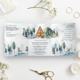 A-Rahmen-Hütten-Lodge-Winter-Bergwald-Hochzeit Dreifach Gefaltete Einladung