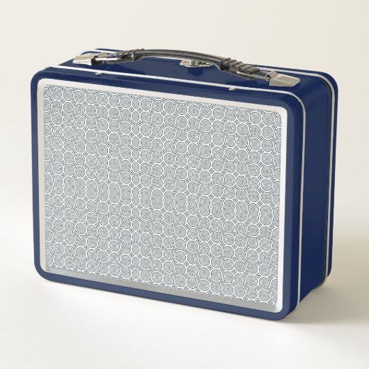 A rectangular blue and white lunchbox  (Rückseite)