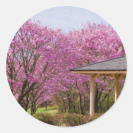 a row of cherry blossom trees and hut runder aufkleber