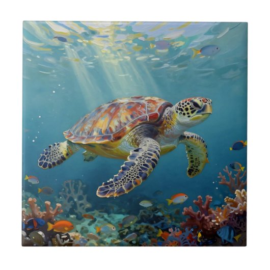 A Sea Turtle and Sun Rays in the Ocean Blue Fliese (Vorderseite)