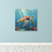 A Sea Turtle and Sun Rays in the Ocean Blue Leinwanddruck (Insitu (Holzboden))