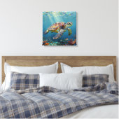A Sea Turtle and Sun Rays in the Ocean Blue Leinwanddruck (Insitu (Schlafzimmer))