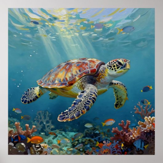 A Sea Turtle and Sun Rays in the Ocean Blue Poster (Vorne)