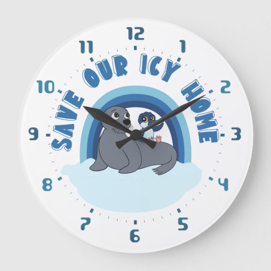 A seal and a penguin "Save Our Icy World" cartoon Große Wanduhr (Vorderseite)