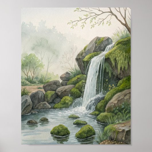 A Serene Woodland Waterfall Study in Watercolor Fe Poster (Vorne)