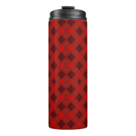 A tall travel mug with a vibrant red plaid pattern thermosbecher