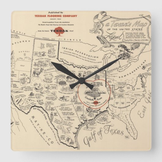 A Texan's Map of the United States (of Texas) Quadratische Wanduhr (Vorderseite)