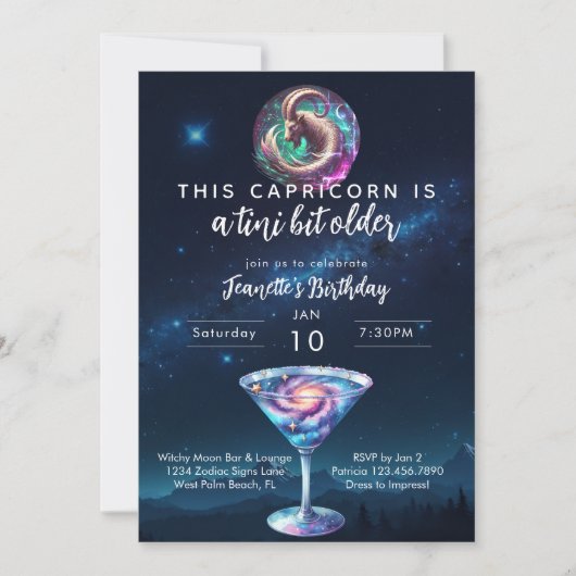 A Tini Bit Older Capricorn Zodiac Martini Geburtst Einladung (Vorderseite)