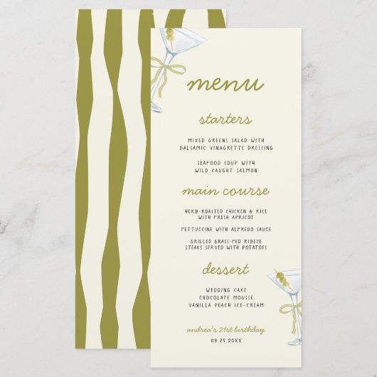 A Tini Bit Older Martini Birthday Party Menu Menükarte (Vorne/Hinten)