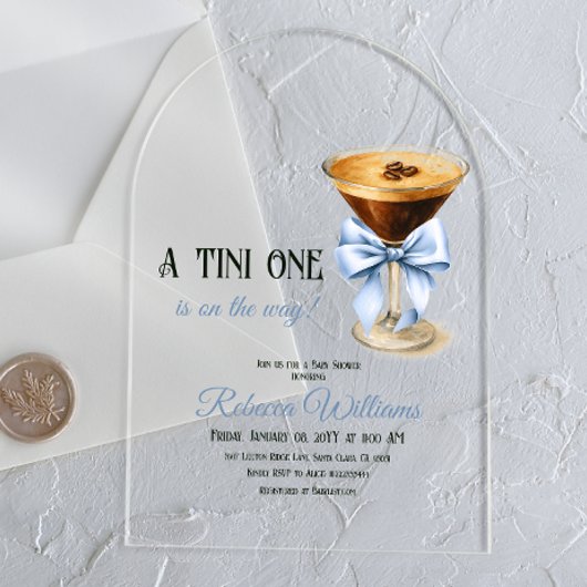 A Tini One Blue Bow Espresso Martini Babydusche Acryleinladungen