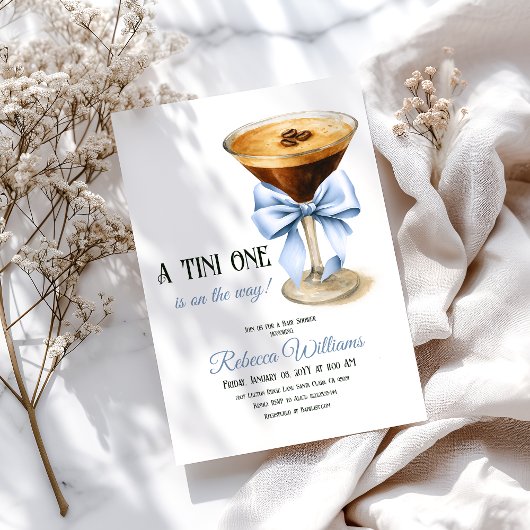 A Tini One Blue Bow Espresso Martini Babydusche Einladung