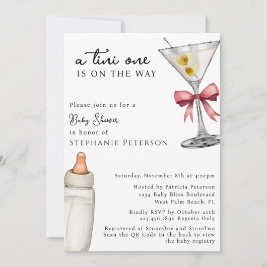 A Tini One Pink Martini QR Code Kinderdusche Einladung (Vorderseite)