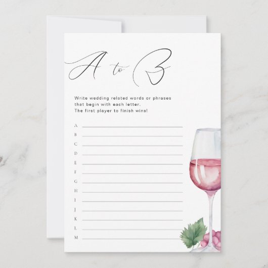 A to Z Vino before Vows Bridal Shower Game Einladung (Vorderseite)