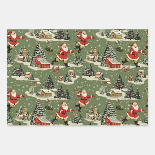 A Very Retro Merry & Bright Santas Geschenkpapier Set (Vorderseite 3)