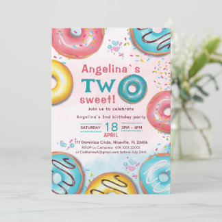 A vibrant 2nd birthday invitation with donuts.  einladung