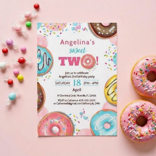 A vibrant 2nd birthday invitation with donuts.  einladung