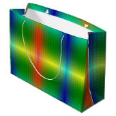 A vibrant gift bag featuring a glossy, rainbow große geschenktüte (Rückseite Schrägansicht)