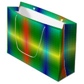 A vibrant gift bag featuring a glossy, rainbow große geschenktüte (Vorderseite Schrägansicht)