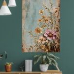 A vintage or shabby chic floral composition poster<br><div class="desc">A vintage or shabby chic floral composition, characterized by pastel-toned flowers (pink, peach, yellow) on a textured blue and beige background reminiscent of a faded wall or aged paper. Here are the types of products and uses associated with this design: Wall Decor: This motif is available as panoramic wallpaper or...</div>