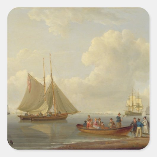 A Wherry holt Passagiere auf zwei verankerte Pac Quadratischer Aufkleber (Vorderseite)