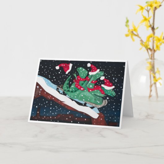 A whimsical holiday card with sledding dinosaurs karte (Gelbe Blume)
