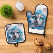 A white cat beautiful eyes  ofenhandschuh & Topflappen-Set (Oben Unten)