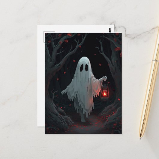 A white ghost holding a red lantern in a hamfores postkarte (Vorderseite/Rückseite Beispiel)