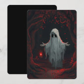 A white ghost holding a red lantern with red leave einladung (Vorne/Hinten)