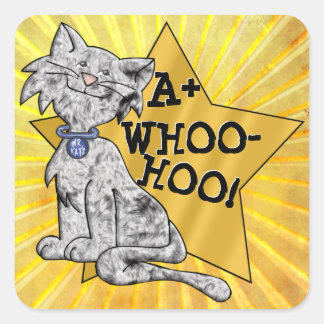 A+ Whoo-Hoo! Gray Cat, Gold Star, Square Rewards Quadratischer Aufkleber