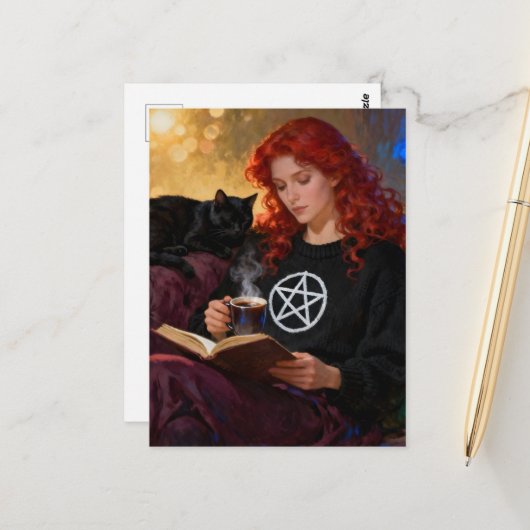 A witch and her cat enjoying tea and a book postkarte (Vorderseite/Rückseite Beispiel)