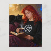 A witch and her cat enjoying tea and a book postkarte (Vorderseite)