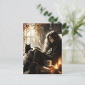 A witch reads with her black cat in a cozy chair postkarte (Stehend Vorderseite)