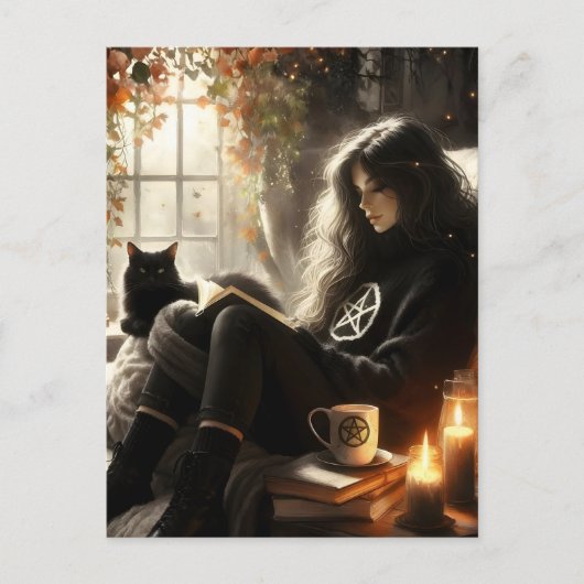 A witch reads with her black cat in a cozy chair postkarte (Vorderseite)