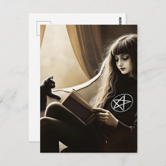 A witch reads with her black kitten postkarte (Vorne/Hinten)