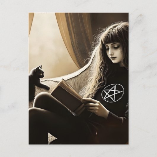 A witch reads with her black kitten postkarte (Vorderseite)