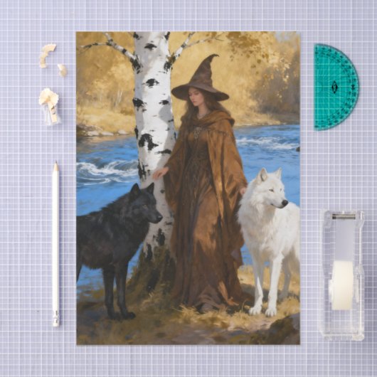 A Witch With Her Wolf Friends decoupage Seidenpapier (Handwerk)