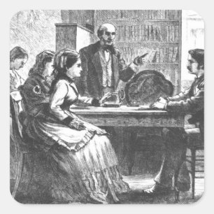 A woman negotiates with a factory manager, assist quadratischer aufkleber