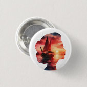 a woman's head enveloping a sunset with a sailboat button (Vorne & Hinten)