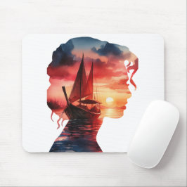 a woman's mask enveloping a sailboat at sunset mousepad