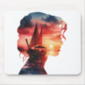 a woman's mask enveloping a sailboat at sunset mousepad (Vorne)