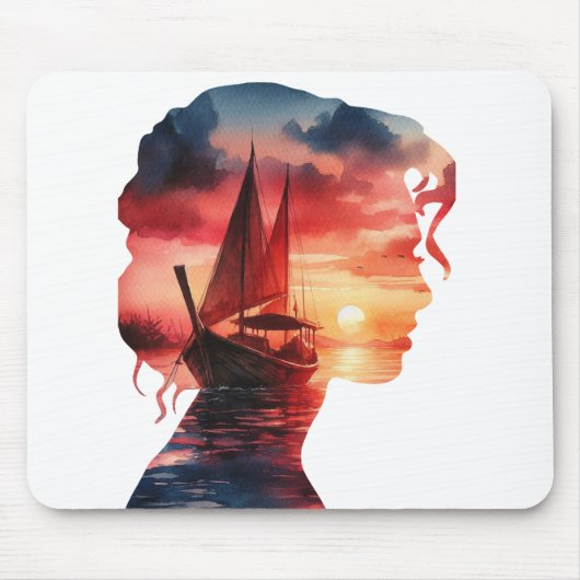 a woman's mask enveloping a sailboat at sunset mousepad (Vorne)