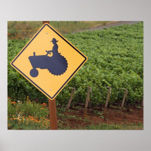 A yellow tractor crossing sign in the vineyard poster (Vorne)