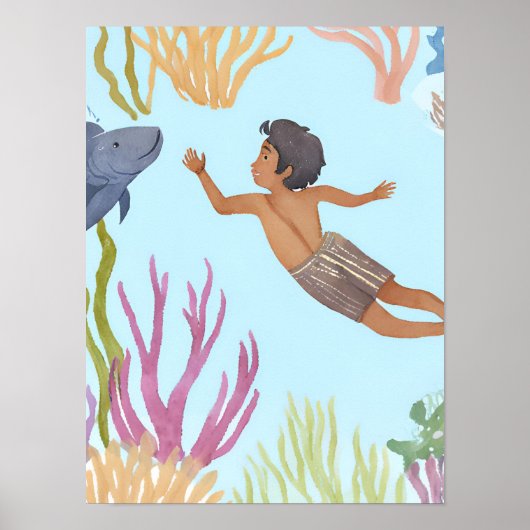 A young boy free diving in the caribbean poster (Vorne)
