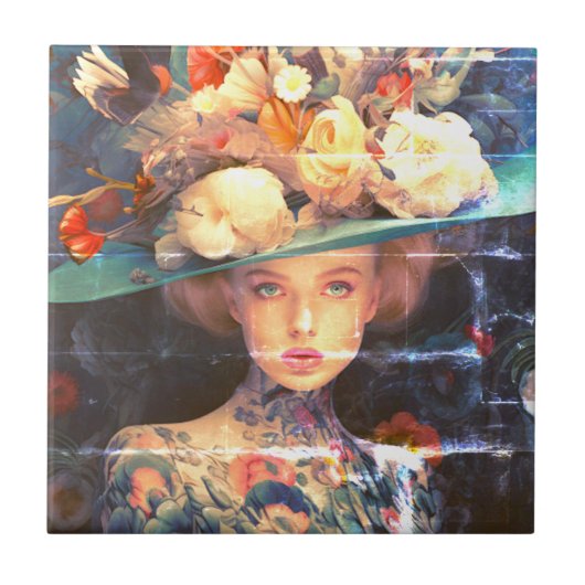 A Young Woman With a Tattooed Body and Bold Hat Fliese (Vorderseite)